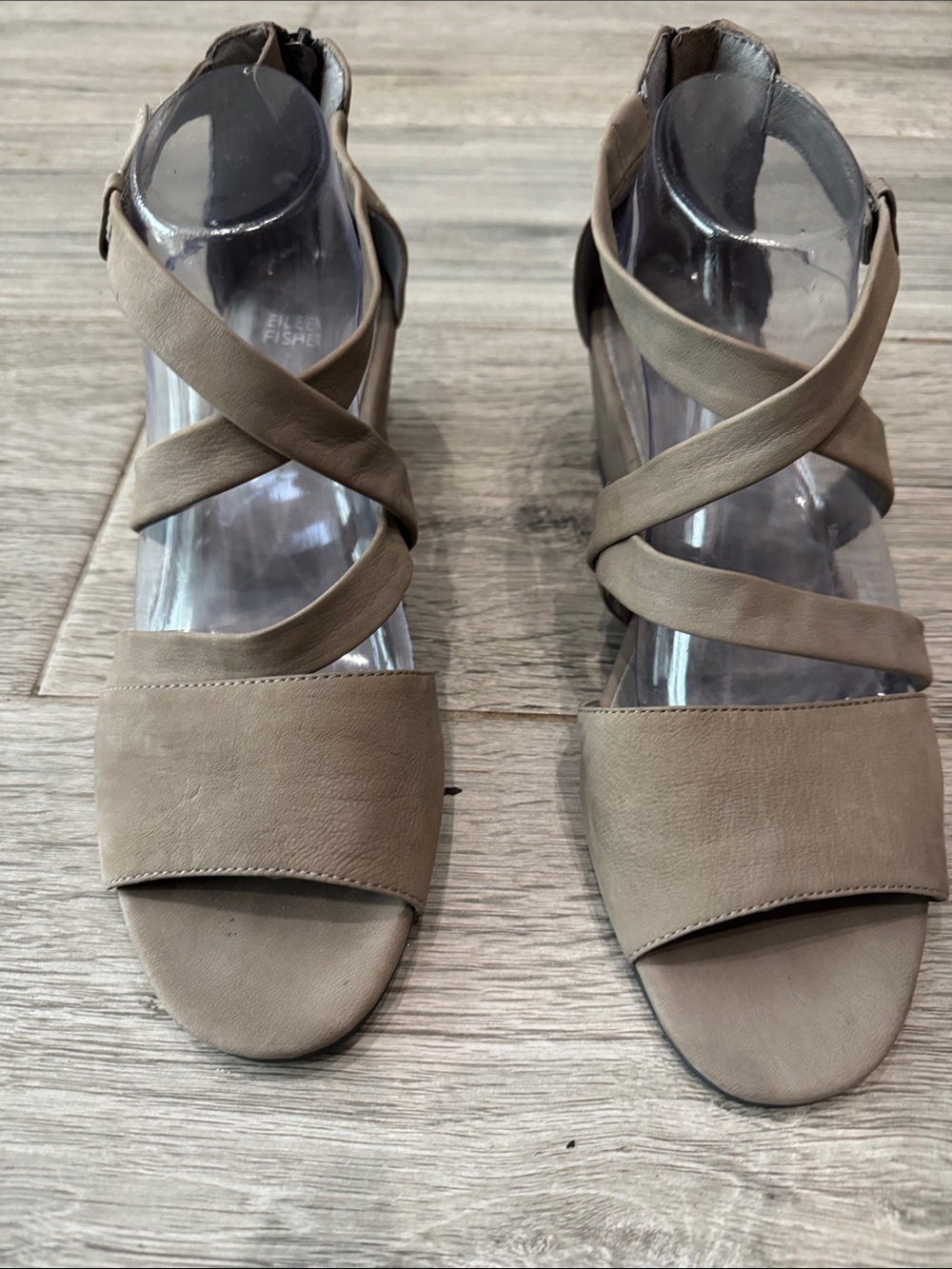 Eileen Fisher Taupe Crisscross Wedge Sandals